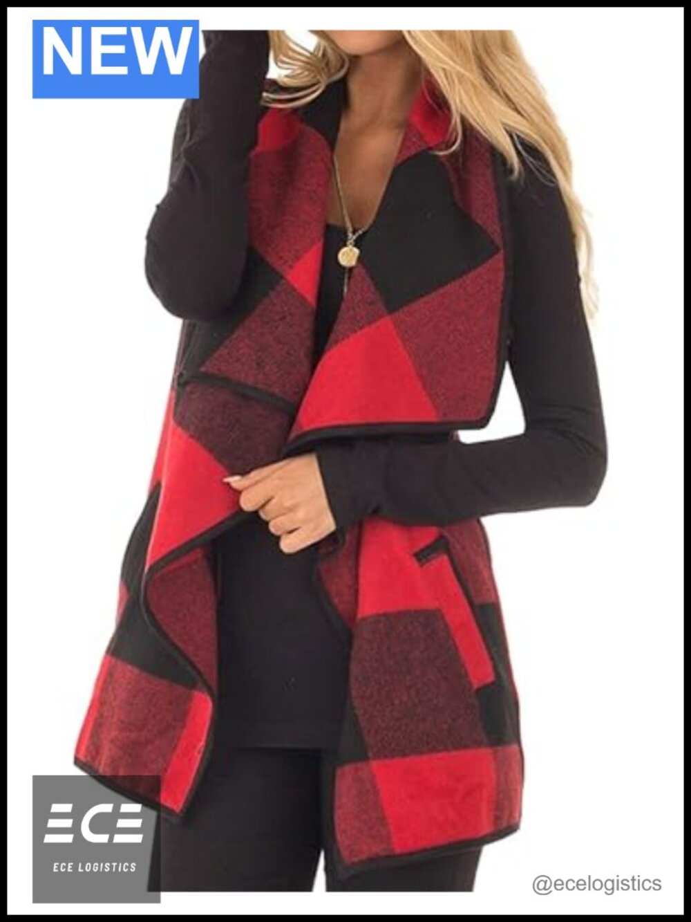 Buffalo Plaid Sleeveless Cardigan Vest Open Front Asymmetric Hem Women